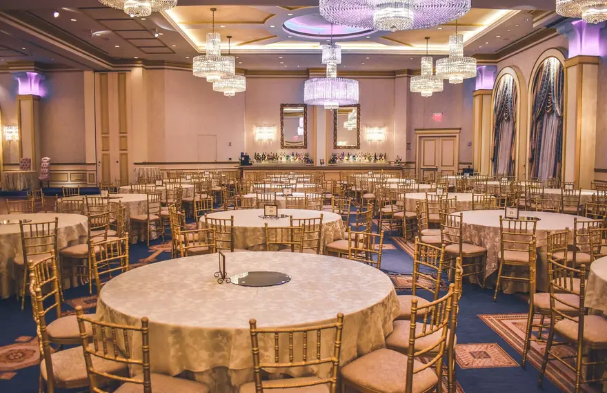 A banquet hall set for a group event