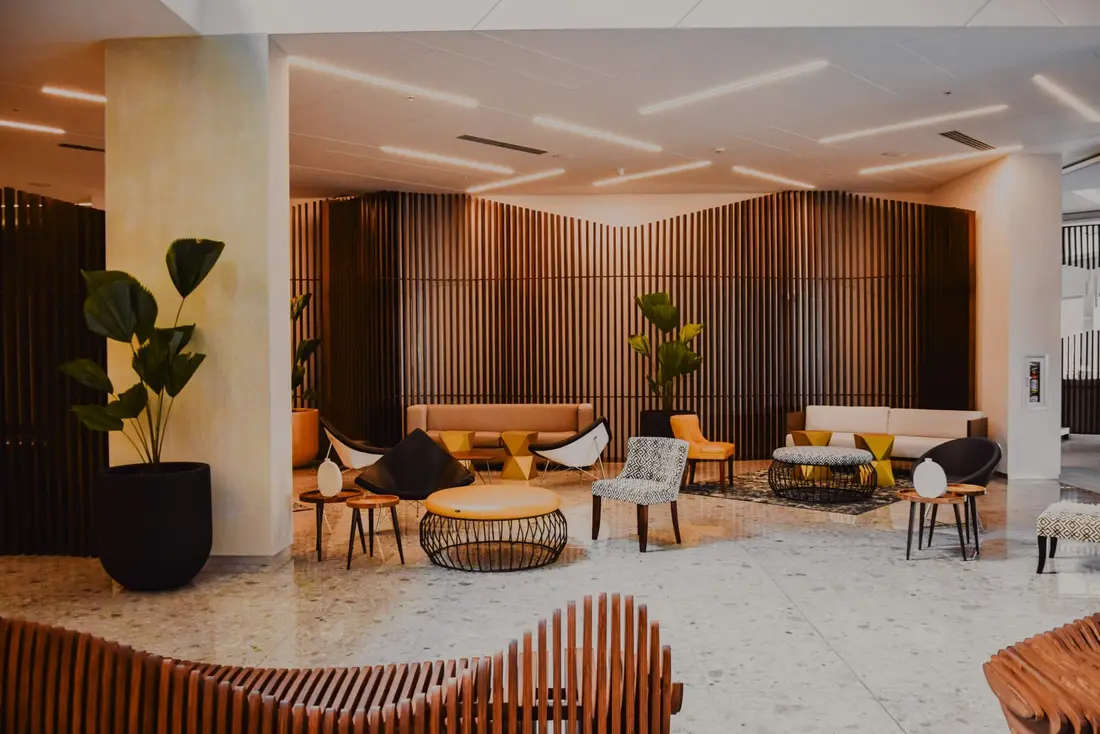A warm, welcoming hotel lounge